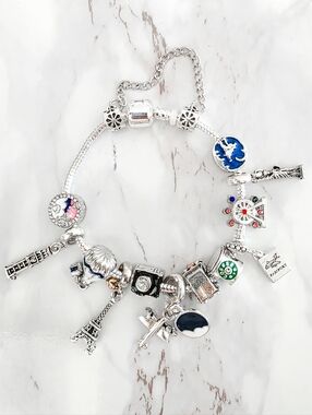 Around the World Travel Charm Bracelet Silver Eiffel Tower Statue of Liberty
